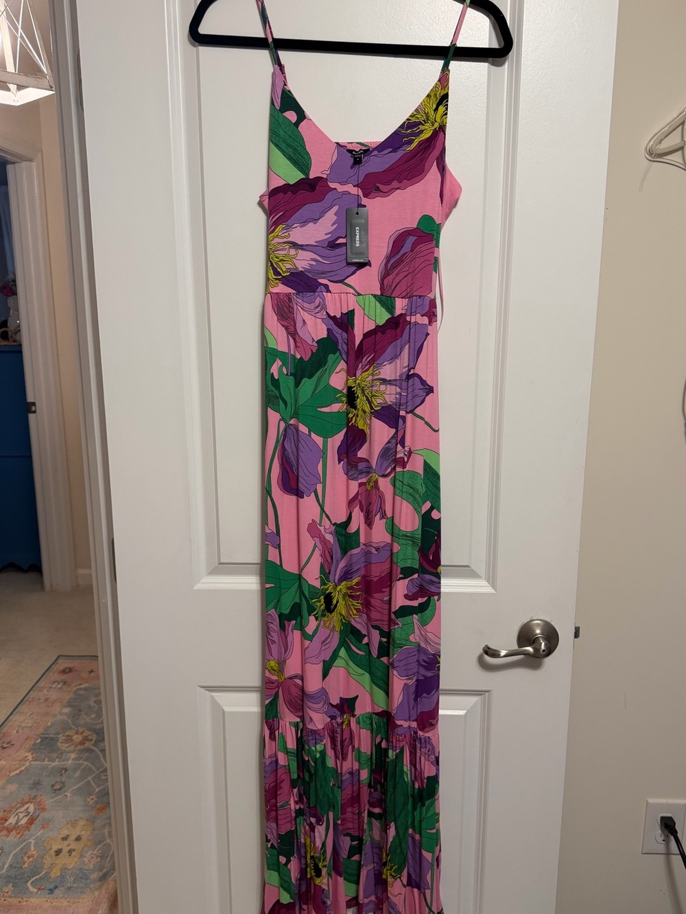 Express Pink Floral Maxi Dress with Green and Purple Print